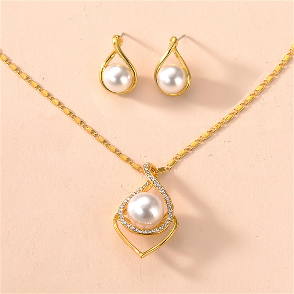 Pearl and Cubic Zirconia 18K Gold-Plated Earring and Necklace, gold stud earrings for women, side view