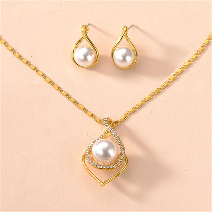 Pearl and Cubic Zirconia 18K Gold-Plated Earring and Necklace, gold stud earrings for women, side view