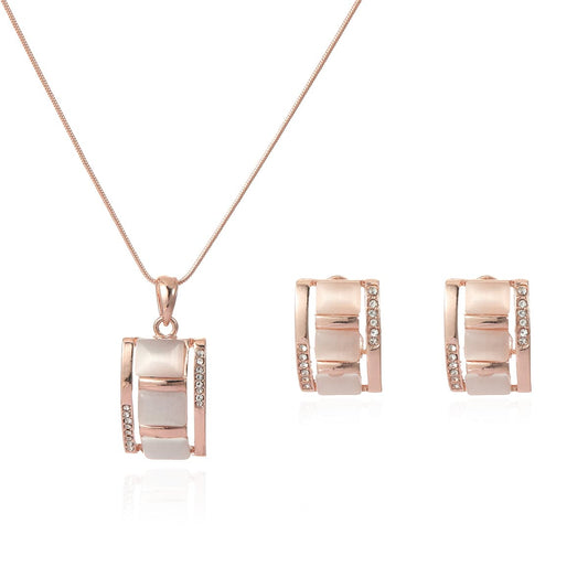 Cats Eye and Cubic Zirconia Bamboo Stud Earrings and Pendant Necklace, stud earrings for women, front view