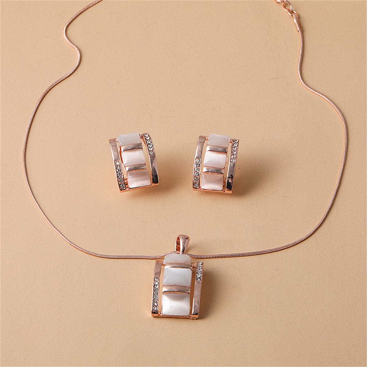 Cats Eye & Cubic Zirconia Bamboo Stud Earrings & Pendant Necklace