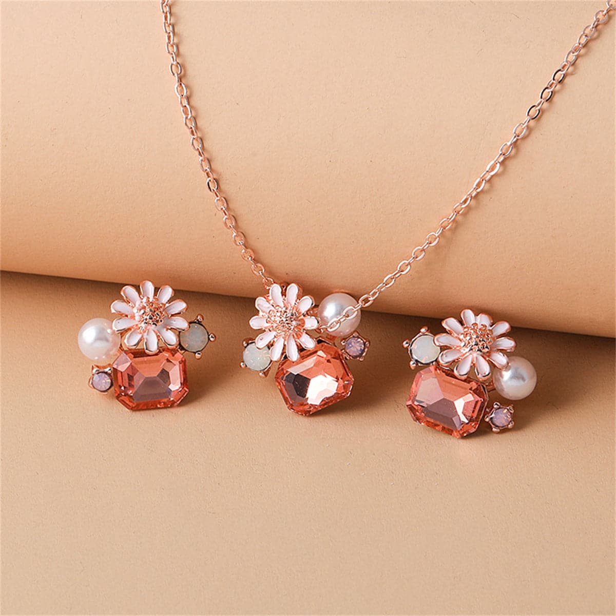 Pink Crystal and Cubic Zirconia Pearl Flower Stud Earrings Set, stud earrings for women, elegant gift for her, side view