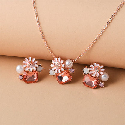 Pink Crystal and Cubic Zirconia Pearl Flower Stud Earrings Set, stud earrings for women, elegant gift for her, side view
