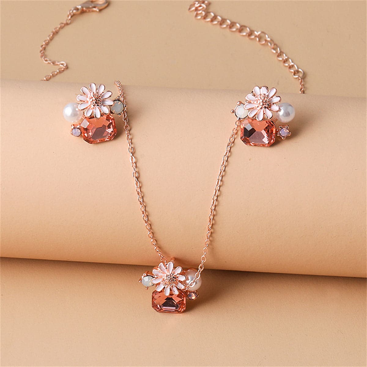 Pink Crystal and Cubic Zirconia Pearl Flower Stud Earrings Set, stud earrings for women, elegant gift for her, lifestyle look