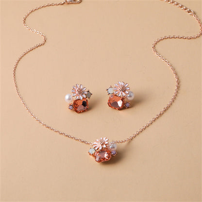 Pink Crystal and Cubic Zirconia Pearl Flower Stud Earrings Set, stud earrings for women, detail close-up