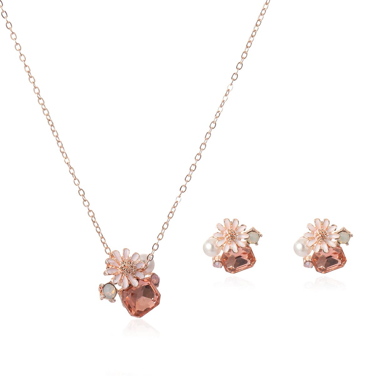 Pink Crystal and Cubic Zirconia Pearl Flower Stud Earrings Set, stud earrings for women, elegant gift for her, front view