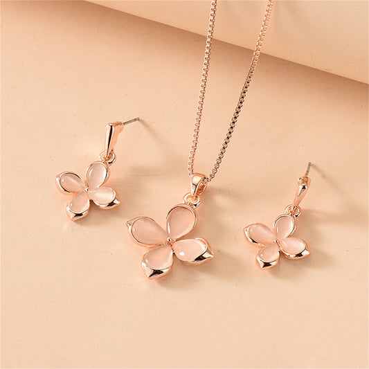 Cats Eye and 18K Rose Gold-Plated Flower Drop Earrings and Pendant Necklace, rose gold stud earrings for women, front view
