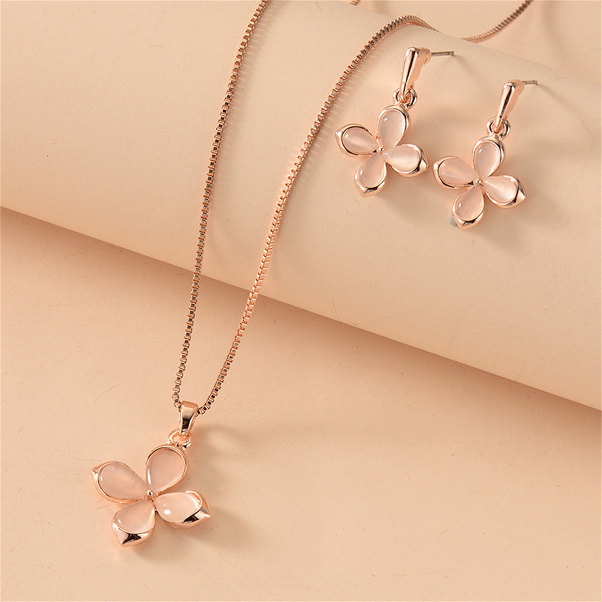 Cats Eye & 18K Rose Gold-Plated Flower Drop Earrings & Pendant Necklace