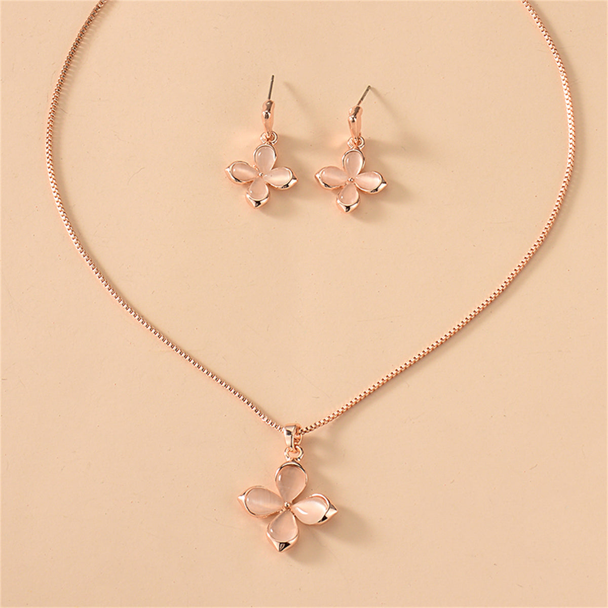 Cats Eye & 18K Rose Gold-Plated Flower Drop Earrings & Pendant Necklace