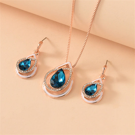 Navy Crystal and Cubic Zirconia Pear-Cut Pendant Necklace Set, drop earrings for women, vintage-inspired design, front view