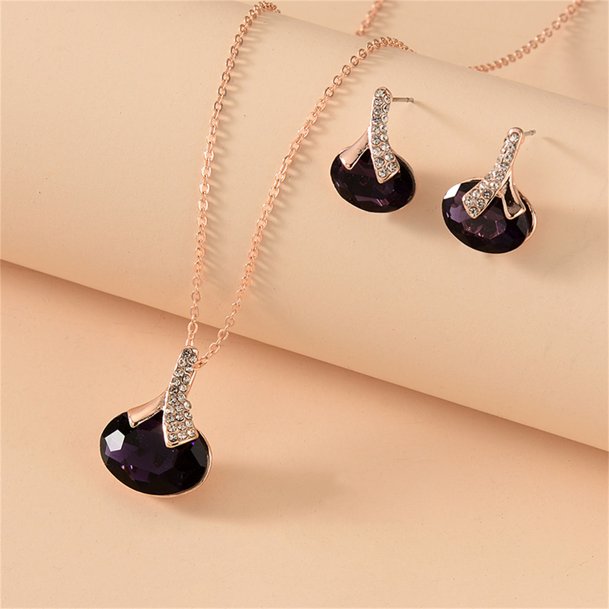 Purple Crystal and Cubic Zirconia Oval Pendant Necklace Set, drop earrings for women, everyday style, front view