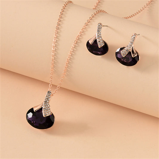 Purple Crystal and Cubic Zirconia Oval Pendant Necklace Set, drop earrings for women, everyday style, front view