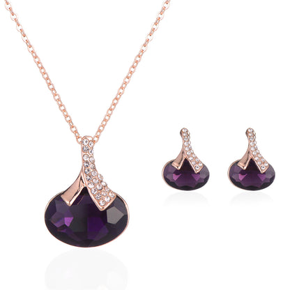 Purple Crystal and Cubic Zirconia Oval Pendant Necklace Set, drop earrings for women, everyday style, side view