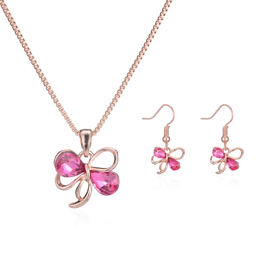 Red Crystal and 18K Rose Gold-Plated Bow Drop Earrings and Pendant Necklace, rose gold drop earrings for women, front view