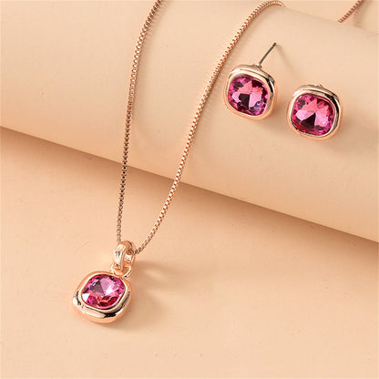 Rose Crystal and 18K Rose Gold-Plated Cushion Pendant Necklace Set, rose gold stud earrings for women, front view