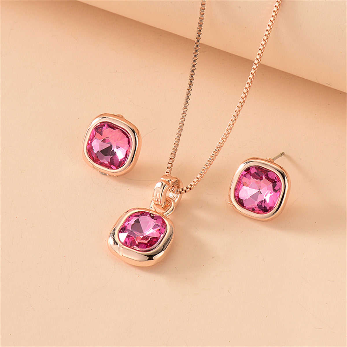 Rose Crystal and 18K Rose Gold-Plated Cushion Pendant Necklace Set, rose gold stud earrings for women, detail close-up