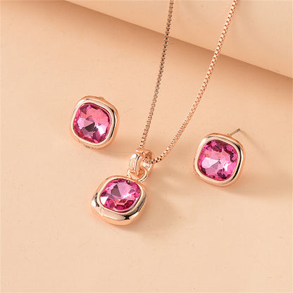 Rose Crystal and 18K Rose Gold-Plated Cushion Pendant Necklace Set, rose gold stud earrings for women, detail close-up
