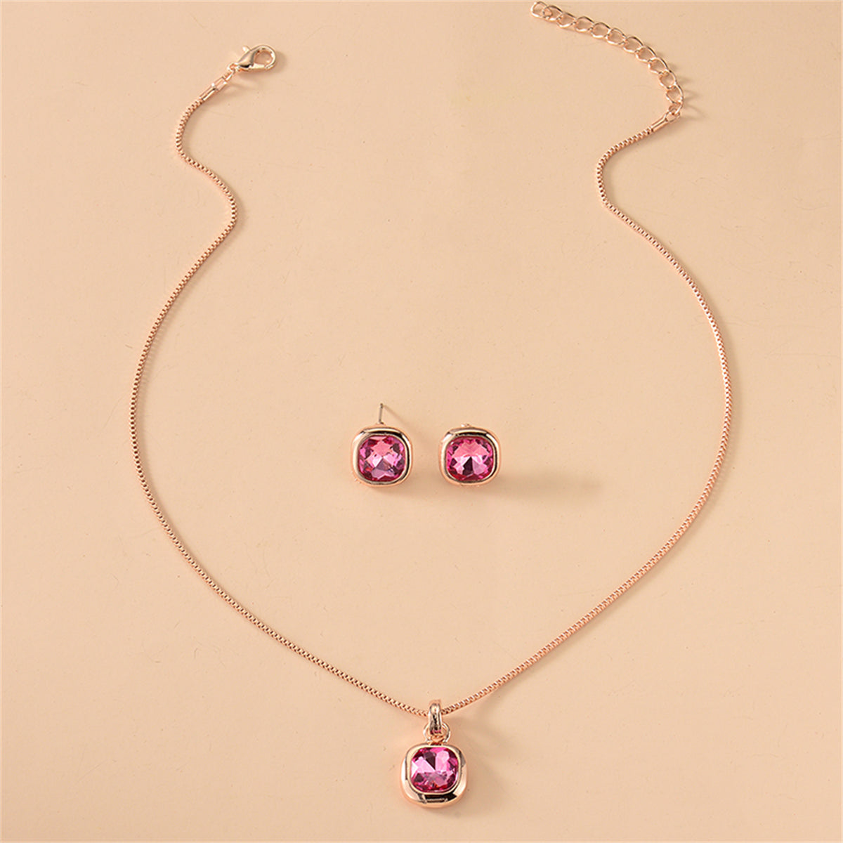Rose Crystal and 18K Rose Gold-Plated Cushion Pendant Necklace Set, rose gold stud earrings for women, lifestyle look