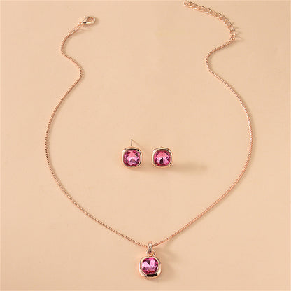 Rose Crystal and 18K Rose Gold-Plated Cushion Pendant Necklace Set, rose gold stud earrings for women, lifestyle look