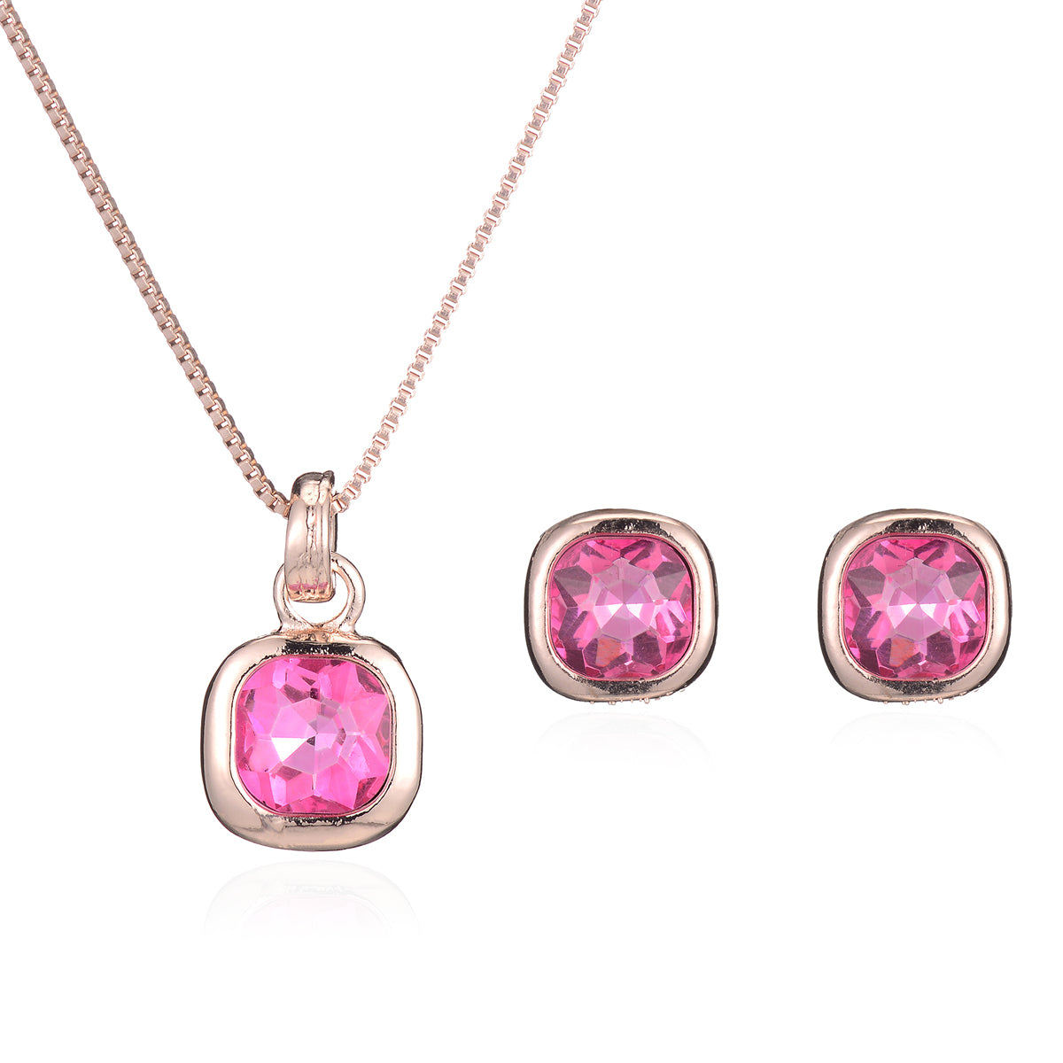 Rose Crystal and 18K Rose Gold-Plated Cushion Pendant Necklace Set, rose gold stud earrings for women, side view