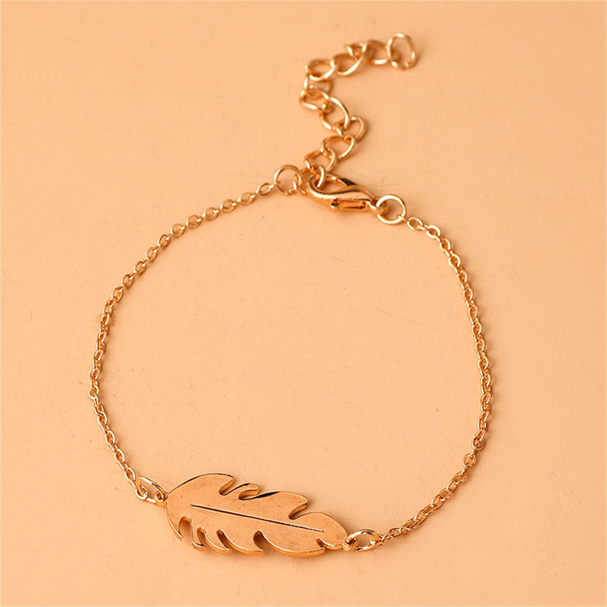 18K Gold-Plated Leaf Charm Bracelet, gold bracelet for women, vintage-inspired design, front view