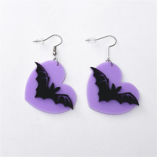 Purple and Silver-Plated Bat Drop Earrings, silver drop earrings for women, everyday style, front view
