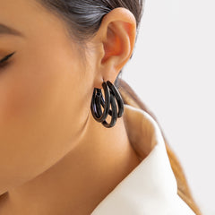 Black Enamel & Silver-Plated Stacked Tube Hoop Earrings