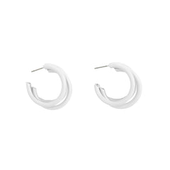 White Enamel & Silver-Plated Stacked Tubes Huggie Earrings