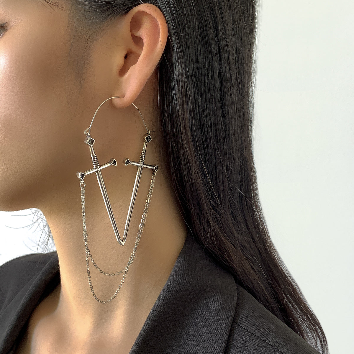 Silver-Plated Double Sword Chain Dangle Drop Earrings