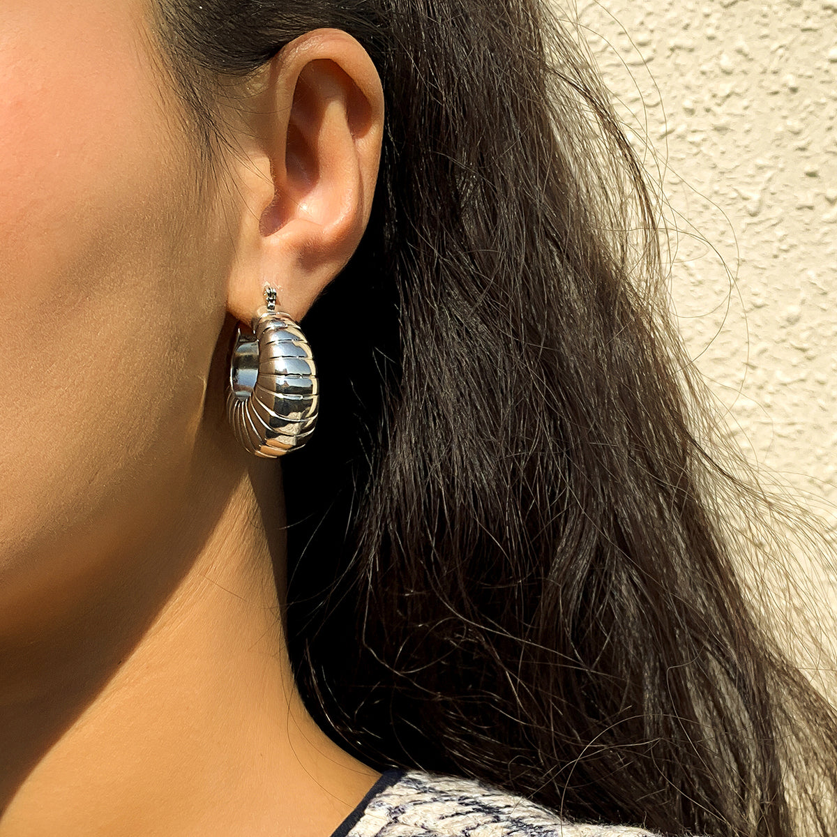 Silver-Plated Ribbed U-Shape Drop Earrings, silver stud earrings for women, everyday style, front view