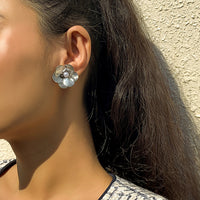Pearl & Silver-Plated Floral Stud Earrings