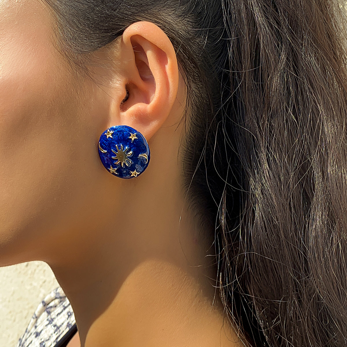 Blue Enamel and 18K Gold-Plated Celestial Oval Stud Earrings, gold stud earrings for women, elegant gift for her, styled look