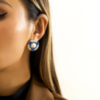Blue Enamel & Pearl Flower Round Stud Earrings