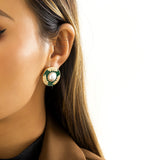 Green Enamel & Pearl Flower Round Stud Earrings