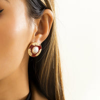 Red Enamel & Pearl Flower Round Stud Earrings