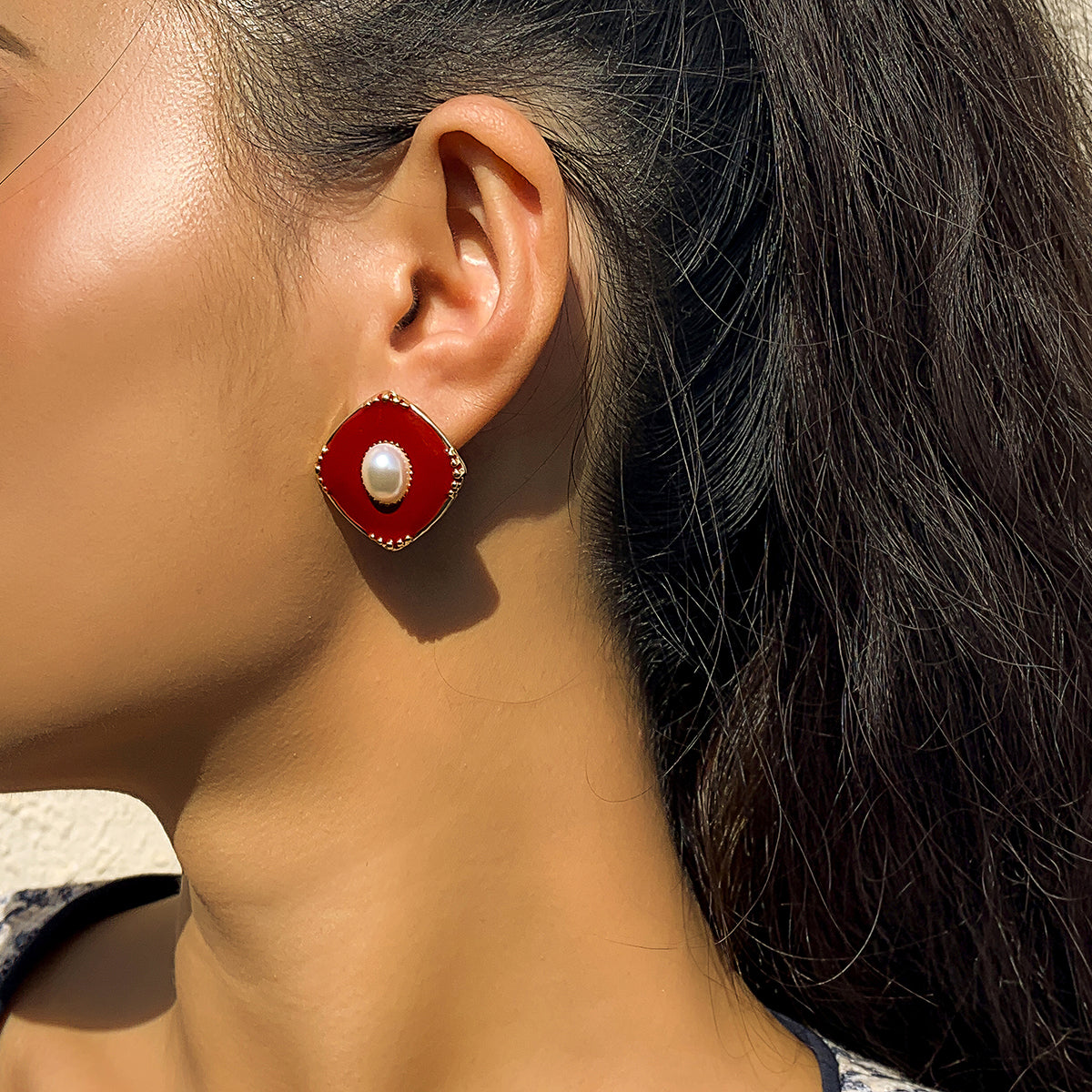 Red Enamel & Pearl 18K Gold-Plated Rhombus Stud Earrings