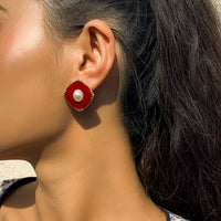 Red Enamel & Pearl 18k Gold-Plated Rhombus Stud Earrings