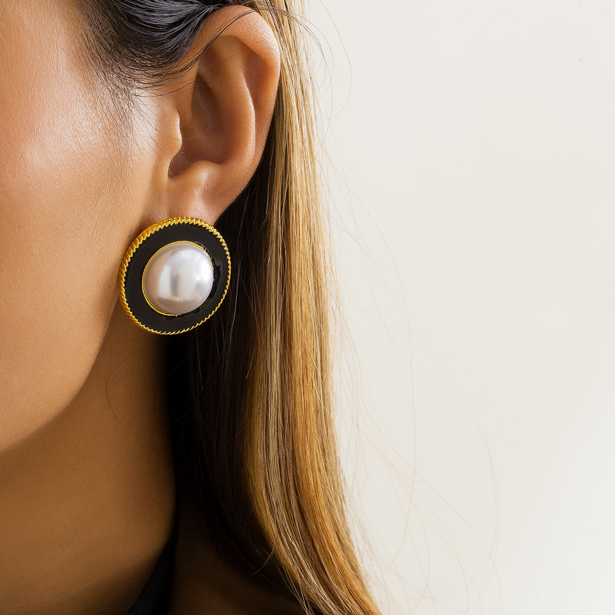 Black Enamel and Pearl Round Stud Earrings, stud earrings for women, botanical inspired, front view
