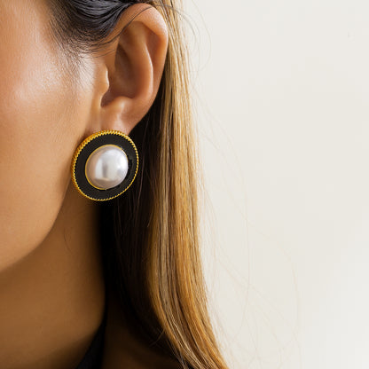 Black Enamel and Pearl Round Stud Earrings, stud earrings for women, botanical inspired, front view
