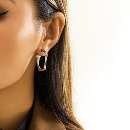 Pearl and Silver-Plated Curved Hoop Earring, silver stud earrings for women, dainty minimalist design, front view
