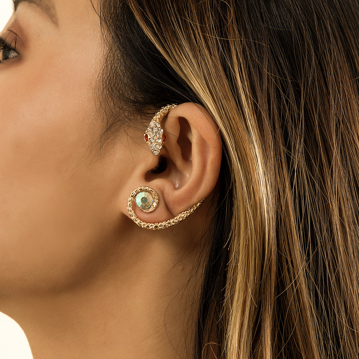 Cubic Zirconia and 18K Gold-Plated Snake Ear Cuff, gold stud earrings for women, elegant gift for her, front view