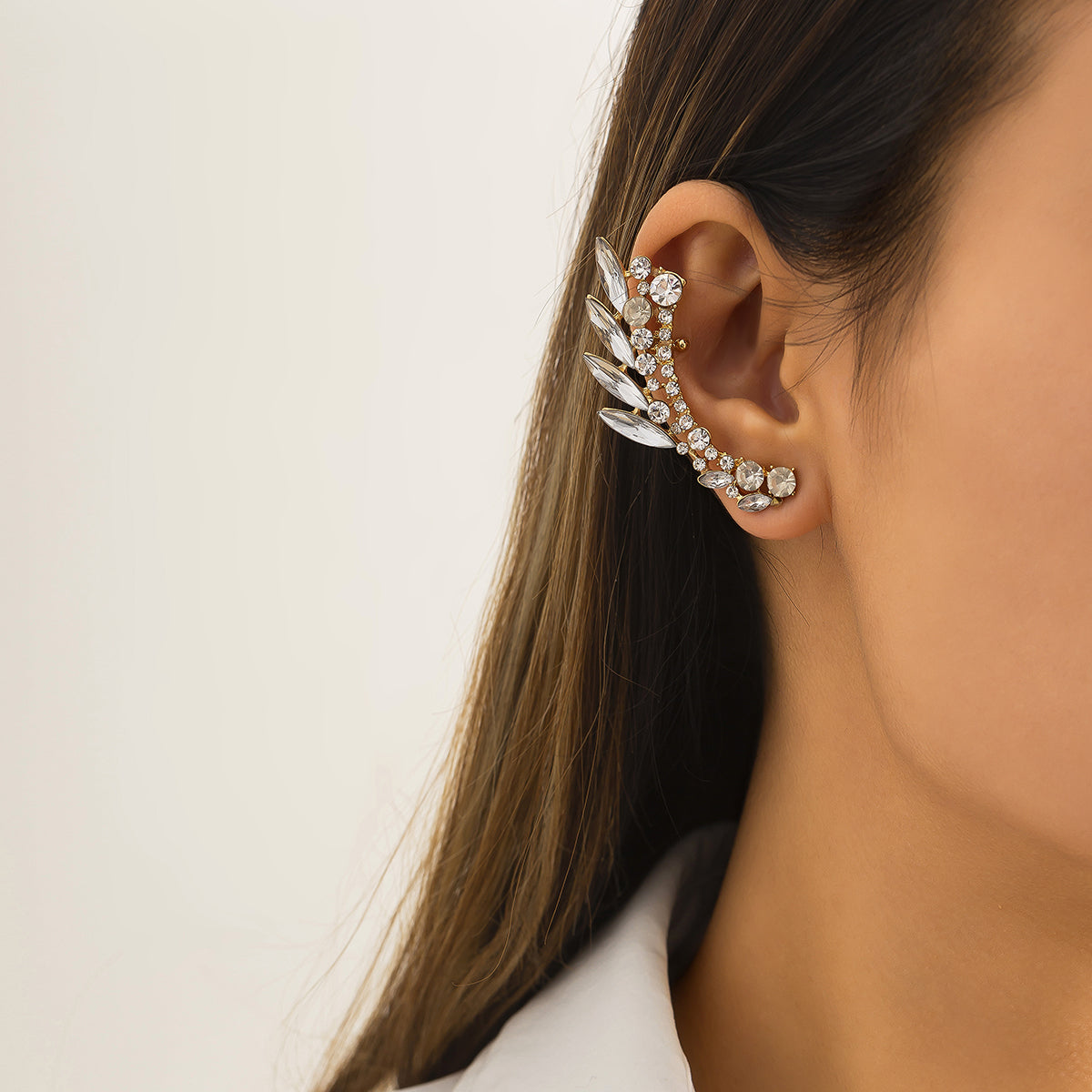 Crystal and Cubic Zirconia 18K Gold-Plated Wheat Ear Climber, gold stud earrings for women, botanical inspired, front view