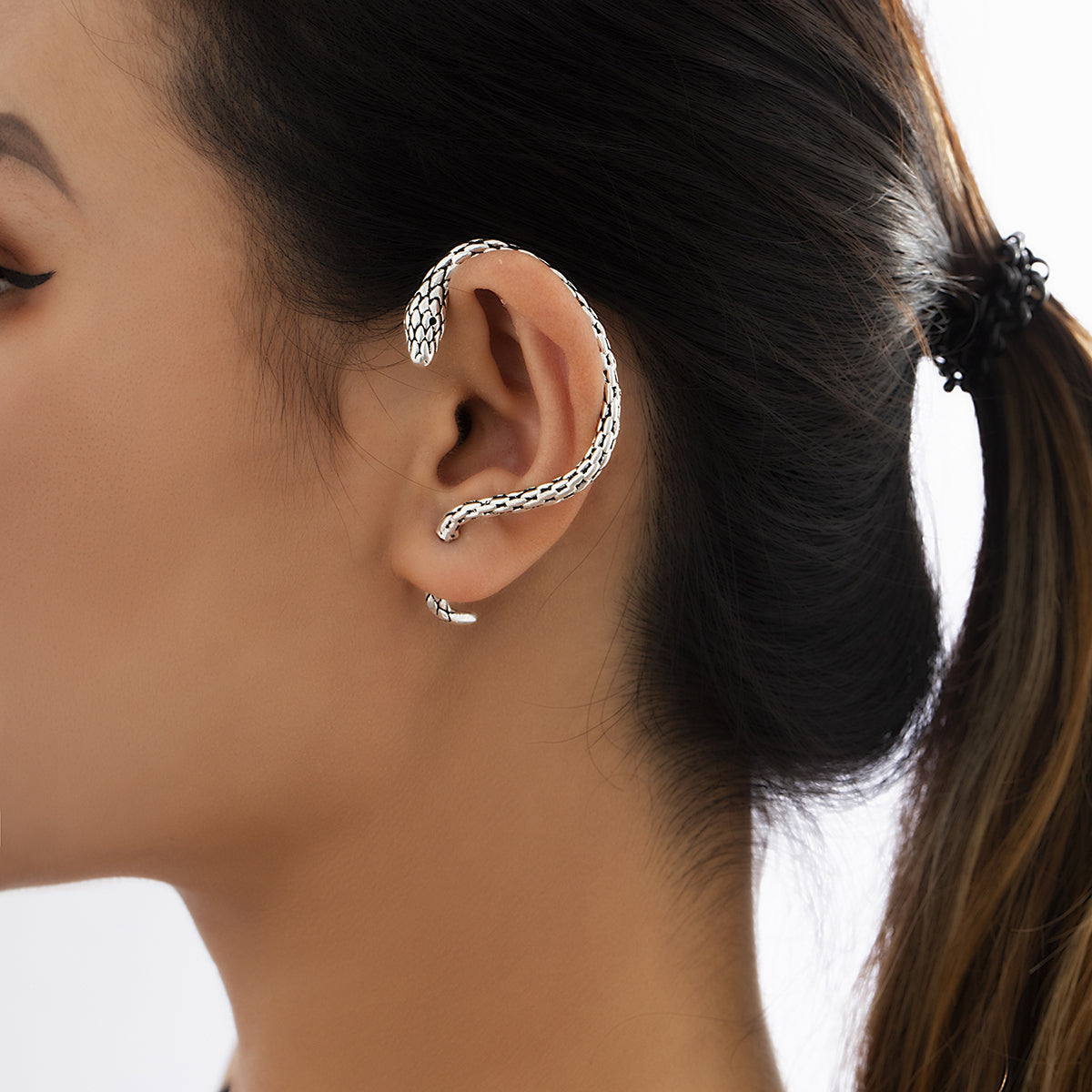 Silver-Plated Snake Ear Jacket, silver drop earrings for women, botanical inspired, front view