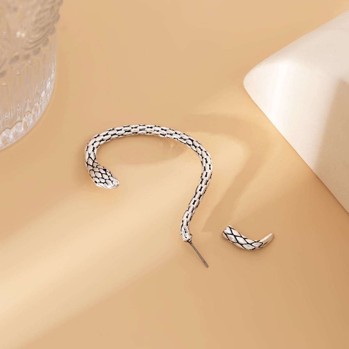 Silver-Plated Snake Ear Jacket, silver drop earrings for women, botanical inspired, lifestyle look