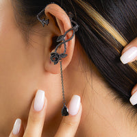 Black Crystal & Rhodium-Plated Copper Rose Drop Ear Cuffs