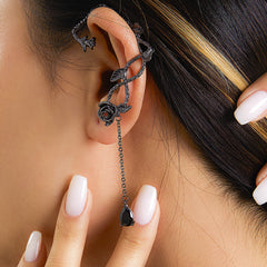 Black Crystal & Rhodium-Plated Rose Drop Ear Cuffs