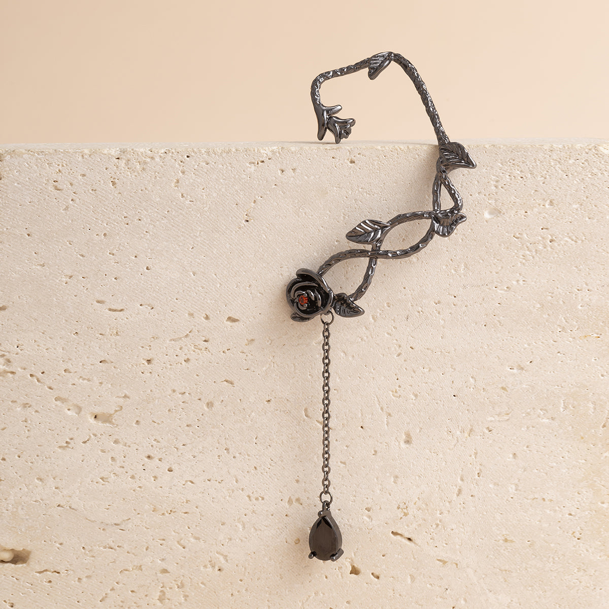 Black Crystal & Rhodium-Plated Rose Drop Ear Cuffs