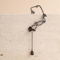 Black Crystal & Rhodium-Plated Copper Rose Drop Ear Cuffs