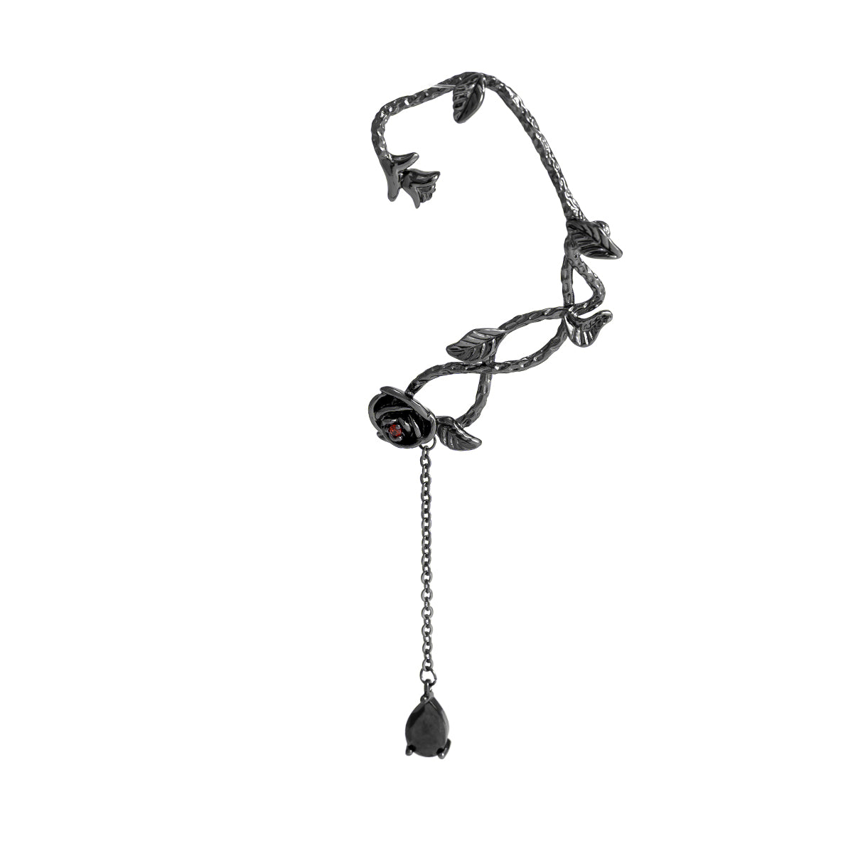 Black Crystal & Rhodium-Plated Rose Drop Ear Cuffs
