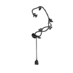 Black Crystal & Rhodium-Plated Rose Drop Ear Cuffs