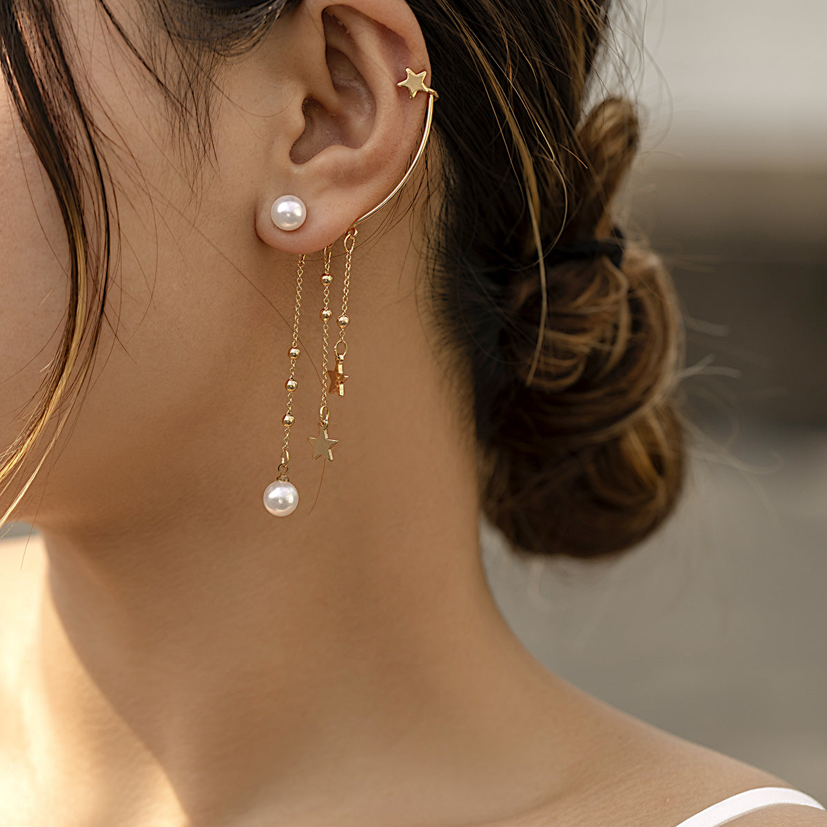 Pearl & 18K Gold-Plated Star Tassel Ear Climber